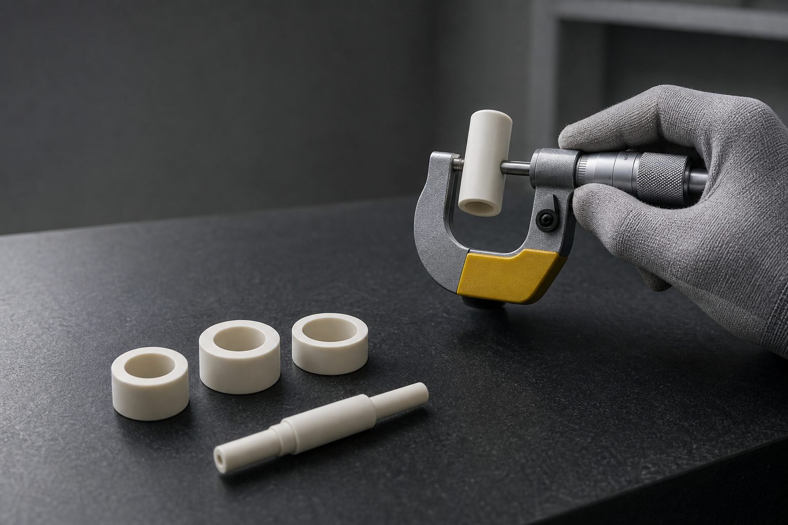 A gloved hand measuring a thin-walled ceramic tube with a precision micrometer