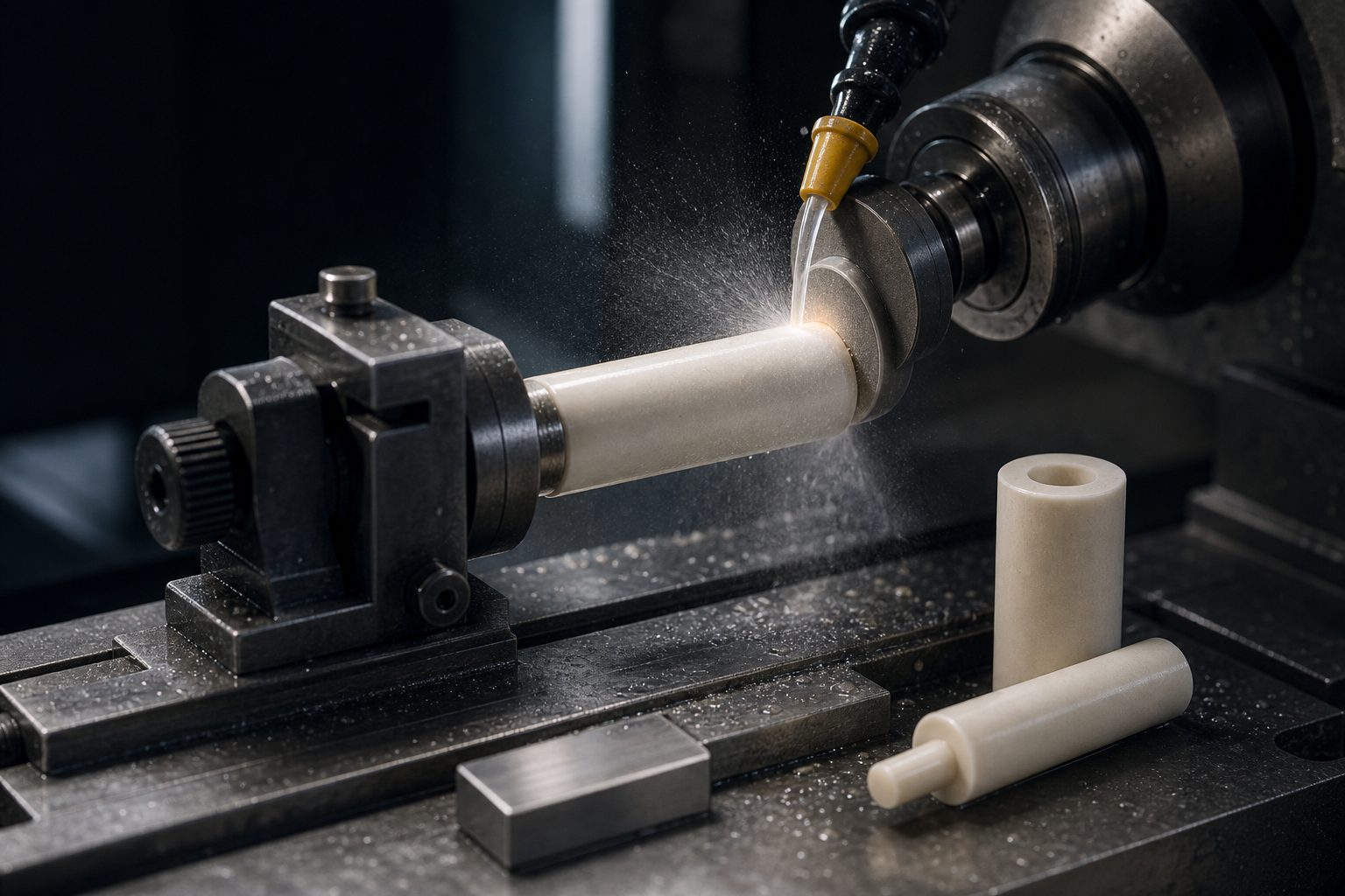 Diamond grinding of a clamped ceramic rod with coolant mist at the contact point