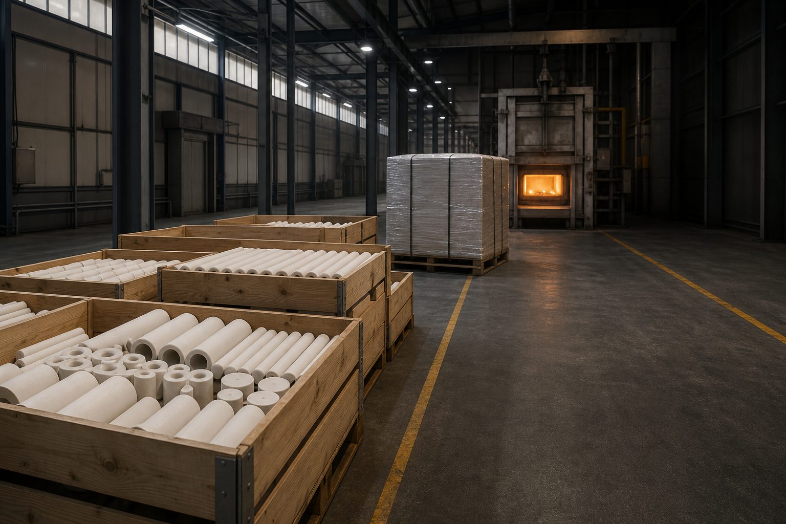 Open wooden crates of ceramic tubes and rods beside a wrapped export pallet in the Borino workshop